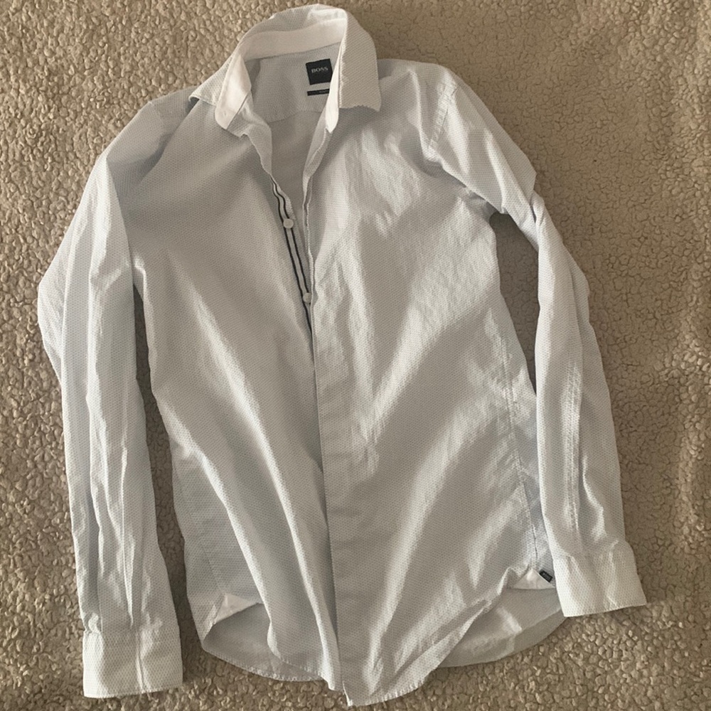White, black, blue polkadotted Hugo boss dress shirt